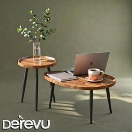 80cm Oval Coffee Table: Set of 2 Solid Wood Nesting Tables